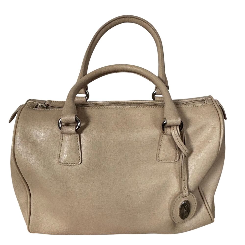 Classic Furla Bauletto Purse cream saffiano leather satchel or bowling bag look